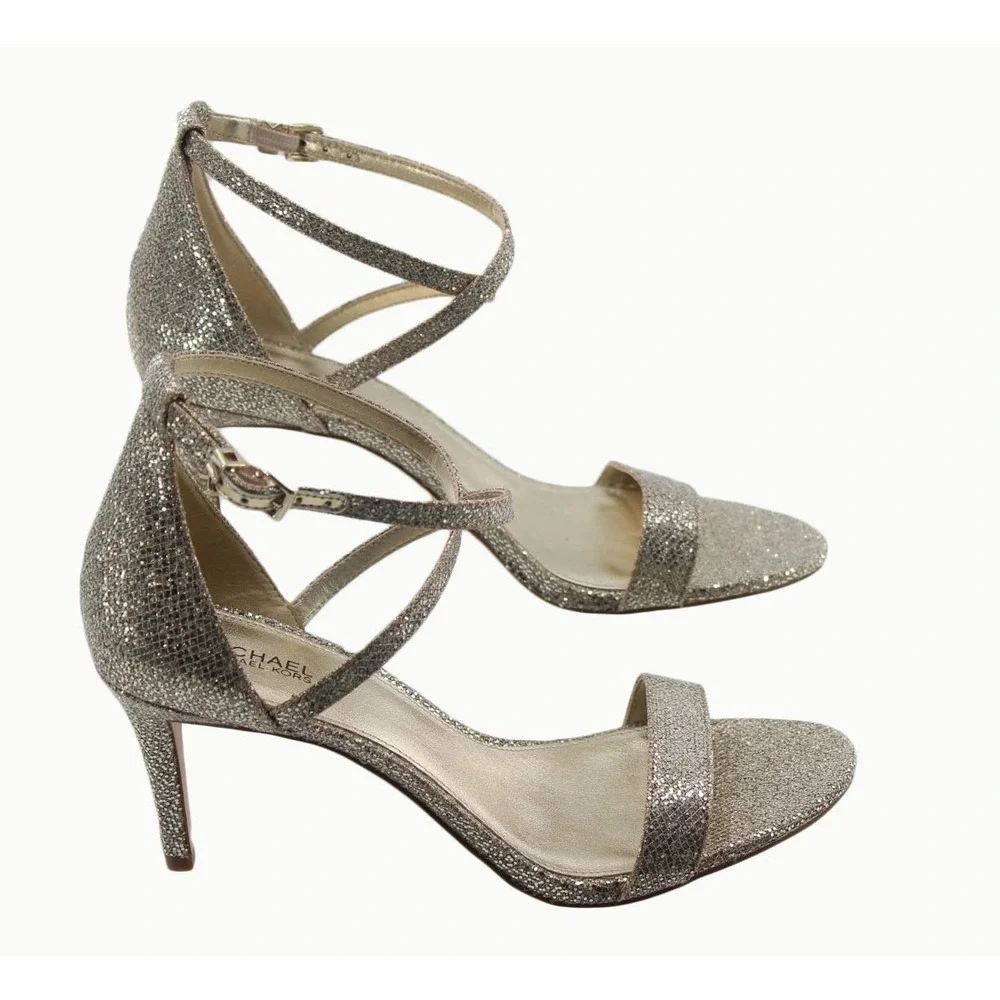 Michael Kors Womens Ava Mid Sandals Glitter Mesh Size 6.5M Sand 4OF9AVMA3D